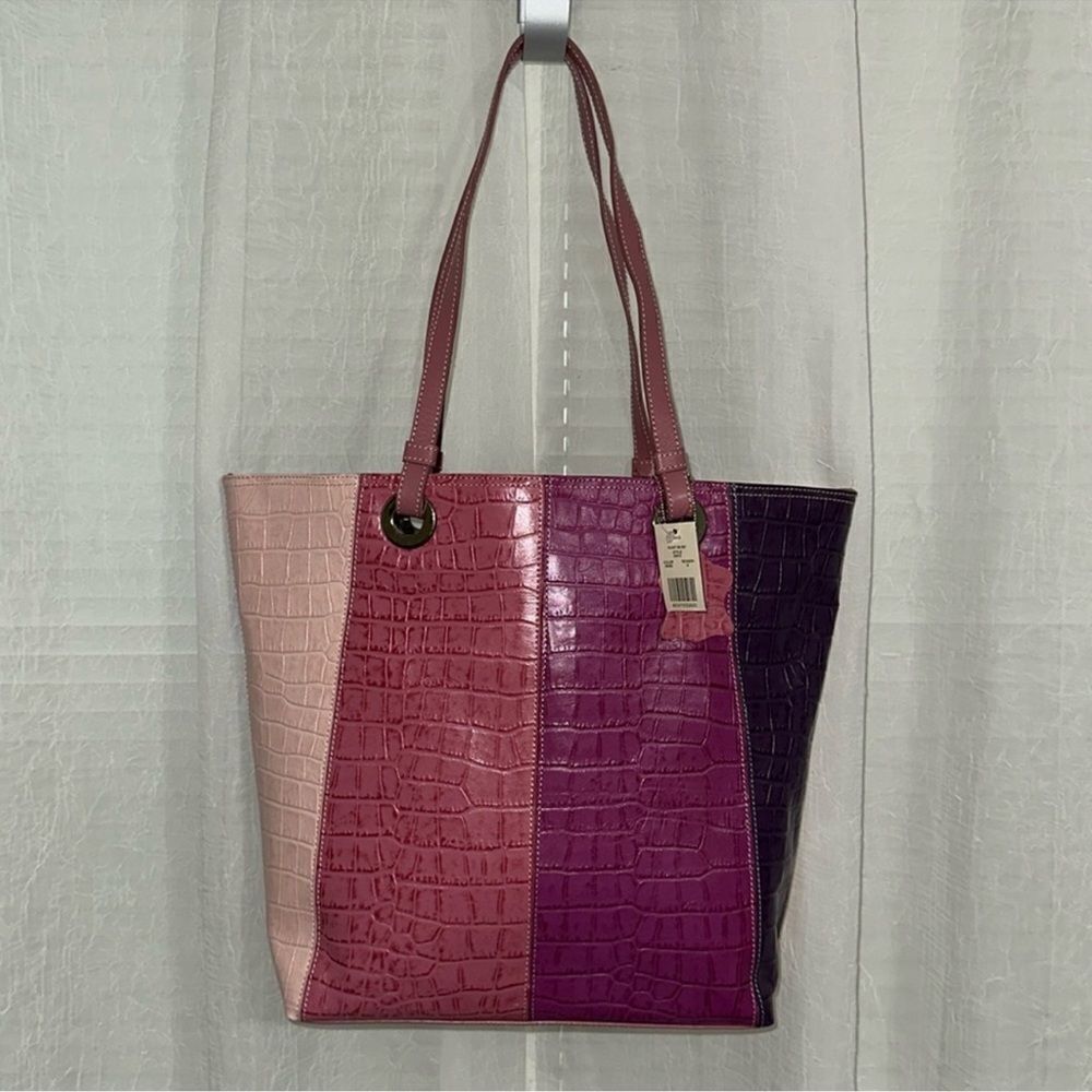 Valerie Stevens Four Tone Warm Purple Pink Croc Print Genuine Leather Tote